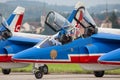 Patrouille de France, the aerobatic display team of the French Air Force Armee de lÃ¢â¬â¢Air flying Dassault-Dornier Alpha Jet E jet Royalty Free Stock Photo